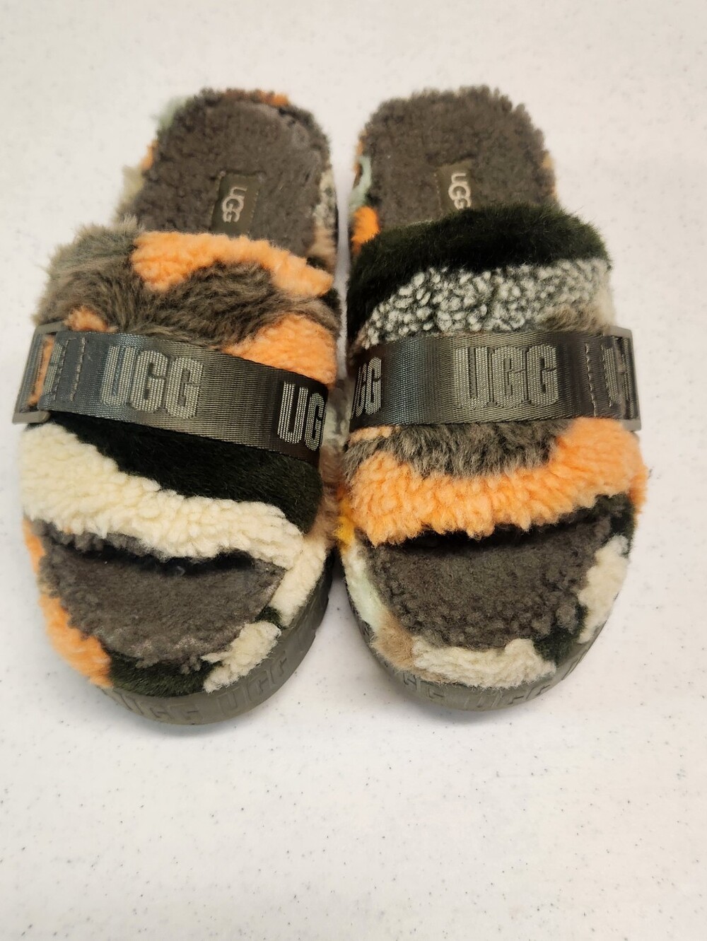 UGG Multicolor Shearling Slide with Olive Strap Size 8